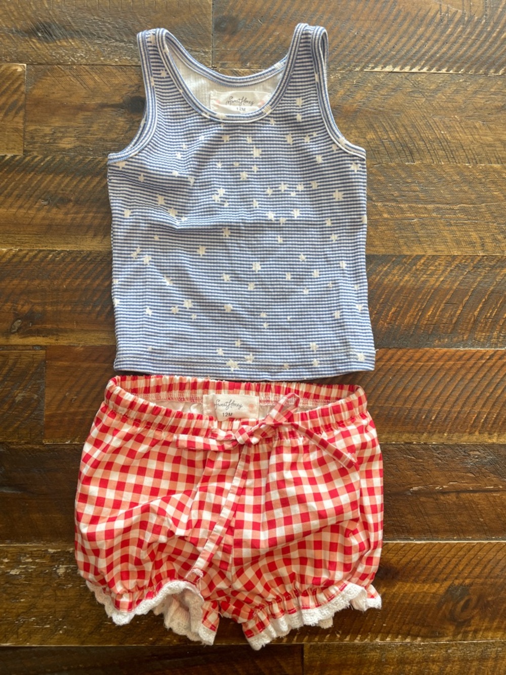 SweetHoney Blue Striped Tank & Red Gingham Shorts Matching Set